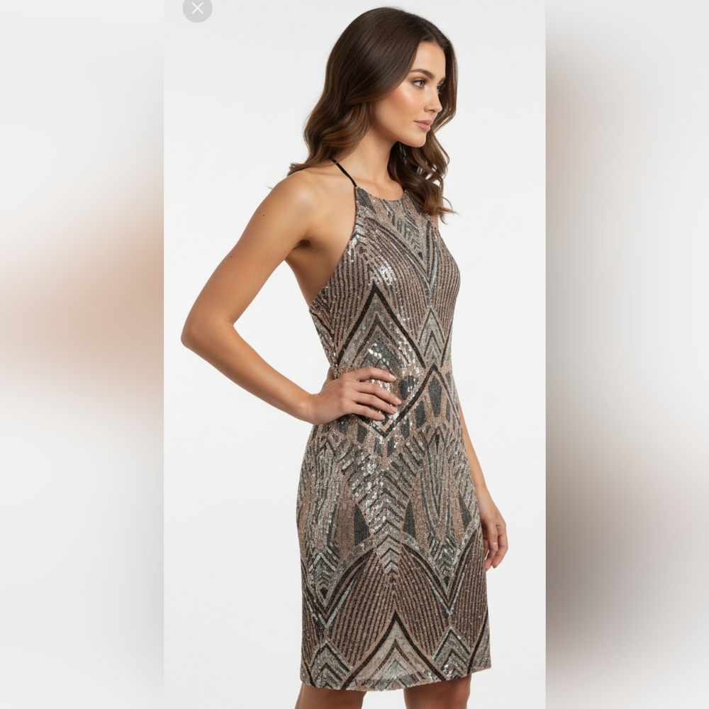 Bisou Bisou Michelle Bohbot Sequin Midi Dress Brown Silver Formal Bling 16